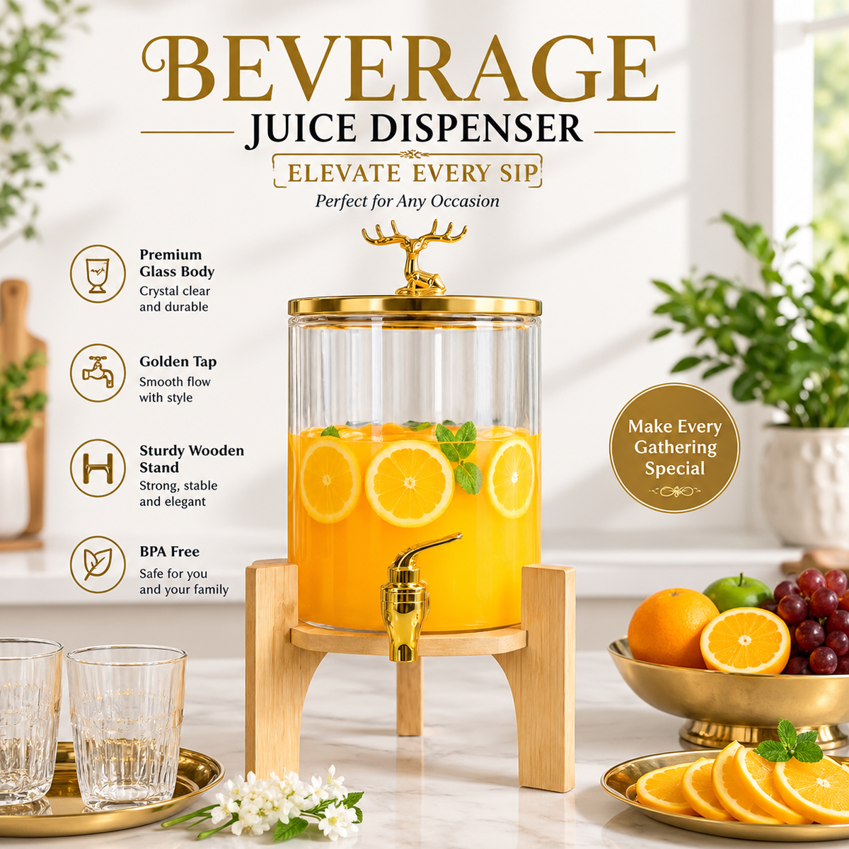 Square Glass Beverage Dispenser - Golden Tap & Wooden Stand (4.2 Ltrs)