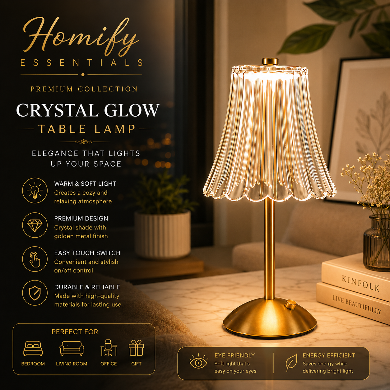 Glow Crystal Rechargeable Table Desk Lamp