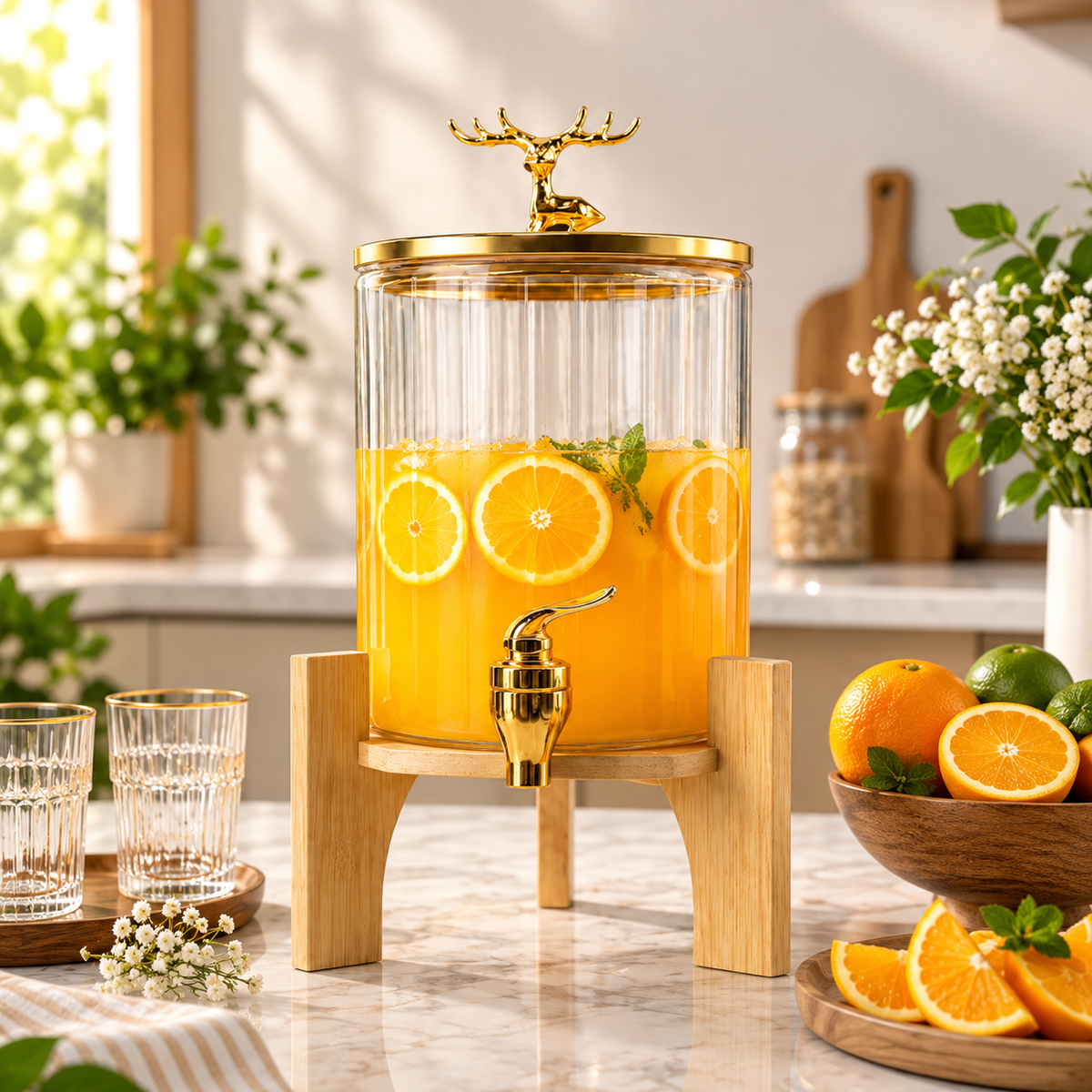 Square Glass Beverage Dispenser - Golden Tap & Wooden Stand (4.2 Ltrs)
