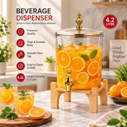 Square Glass Beverage Dispenser - Golden Tap & Wooden Stand (4.2 Ltrs)