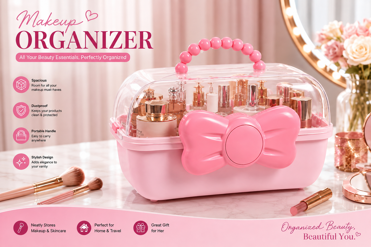 Makeup & Cosmetics Organizer Box with Bow Design
